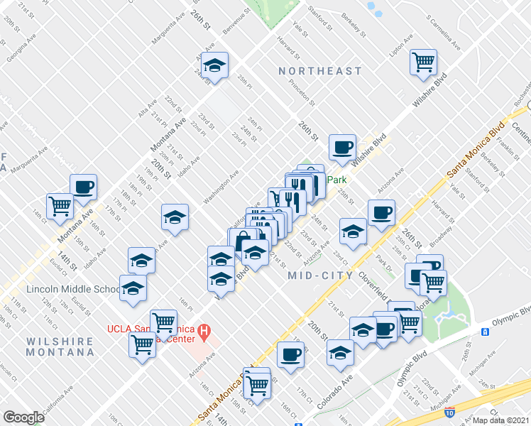 map of restaurants, bars, coffee shops, grocery stores, and more near 1133 22nd Street in Santa Monica