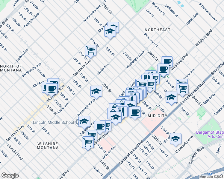 map of restaurants, bars, coffee shops, grocery stores, and more near 1041 20th Street in Santa Monica