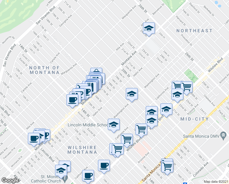 map of restaurants, bars, coffee shops, grocery stores, and more near 853 17th Street in Santa Monica