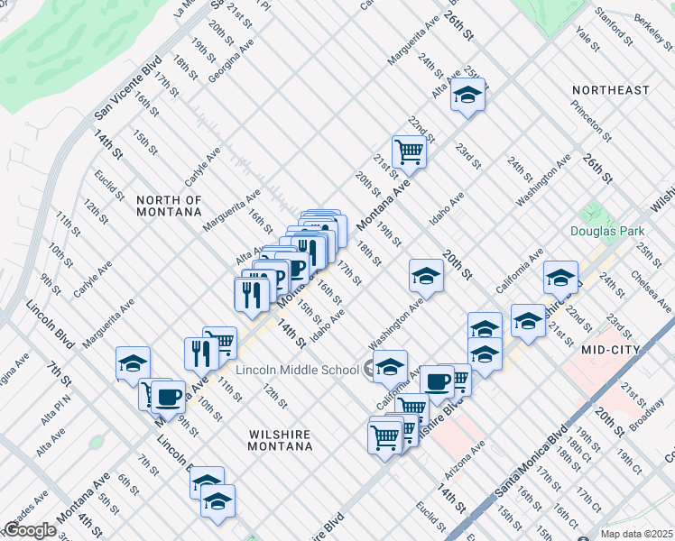 map of restaurants, bars, coffee shops, grocery stores, and more near 817 16th Street in Santa Monica