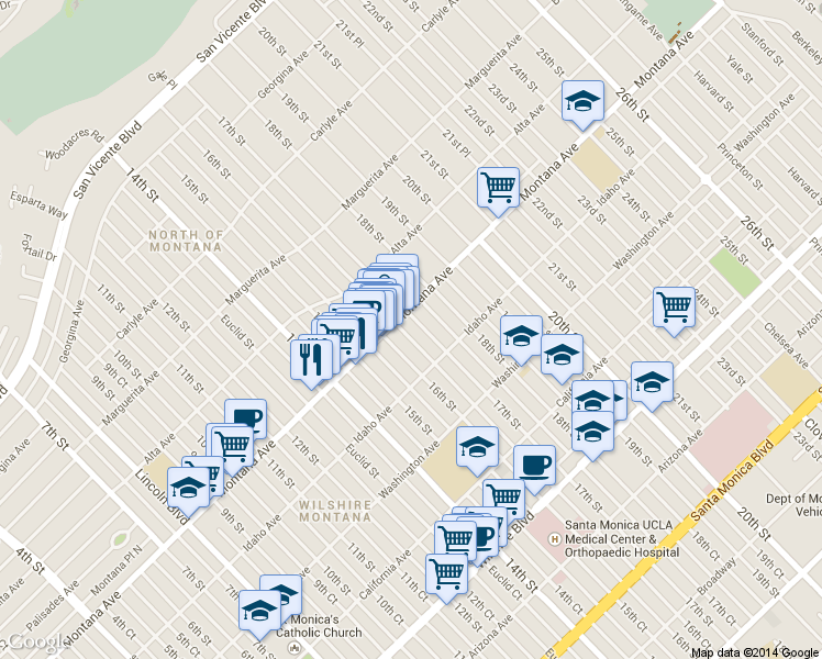 map of restaurants, bars, coffee shops, grocery stores, and more near 817 16th Street in Santa Monica