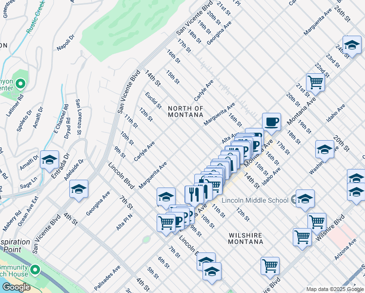 map of restaurants, bars, coffee shops, grocery stores, and more near 515 12th Street in Santa Monica