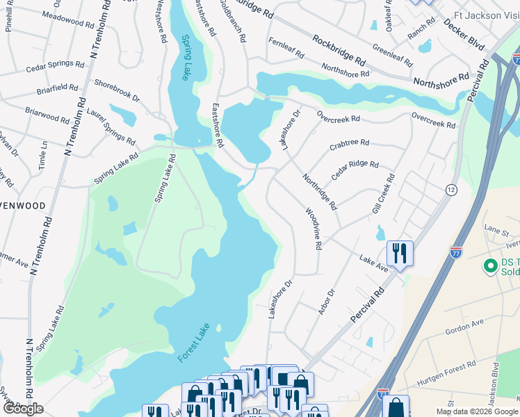 map of restaurants, bars, coffee shops, grocery stores, and more near 6033 Lakeshore Drive in Columbia