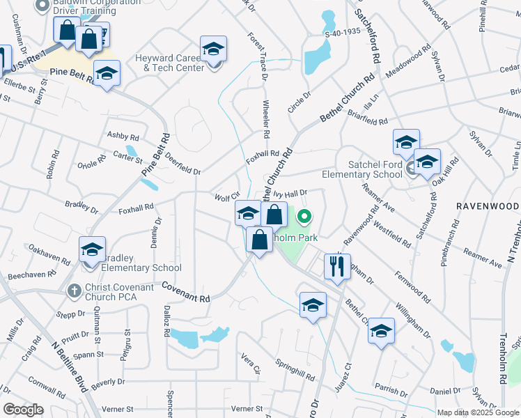 map of restaurants, bars, coffee shops, grocery stores, and more near 443 Bethel Church Road in Columbia