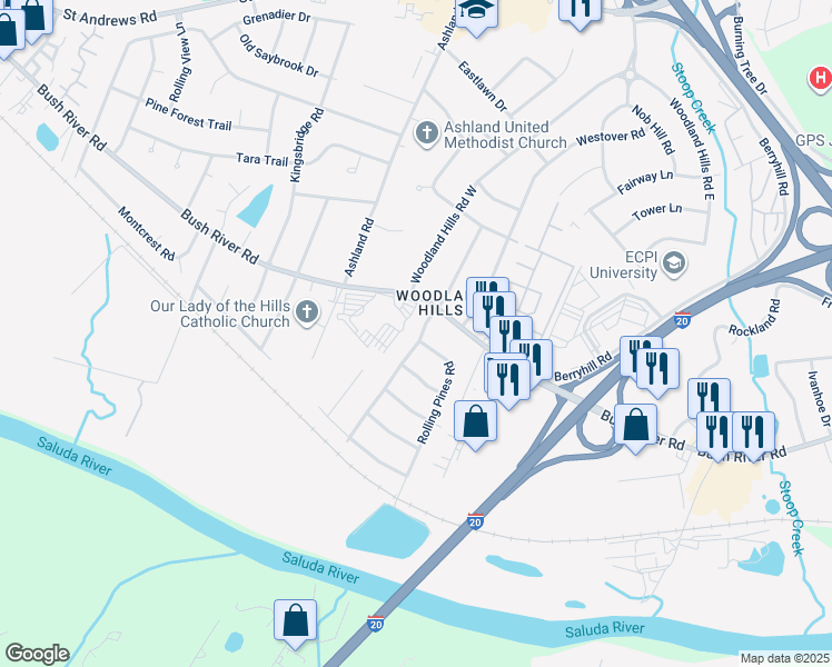 map of restaurants, bars, coffee shops, grocery stores, and more near 2432 Rolling Pines Road in Columbia