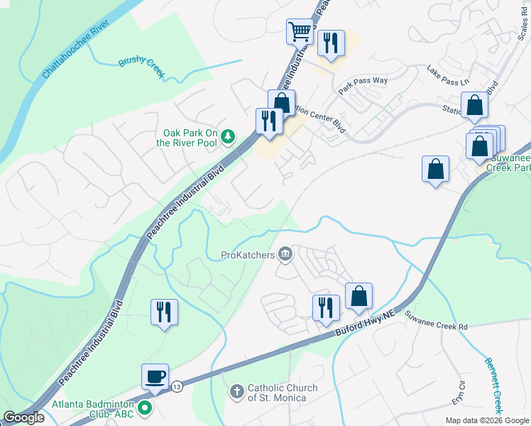 map of restaurants, bars, coffee shops, grocery stores, and more near 3660 Oak Park Drive in Suwanee