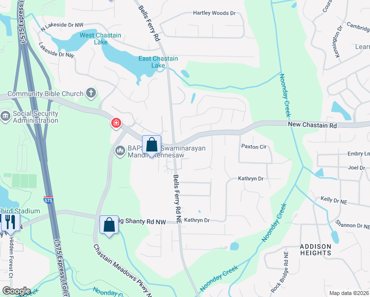 map of restaurants, bars, coffee shops, grocery stores, and more near 3444 Chastain Manor Way in Marietta