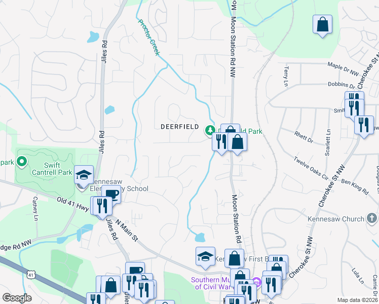 map of restaurants, bars, coffee shops, grocery stores, and more near 1055 Coker Circle Northwest in Kennesaw