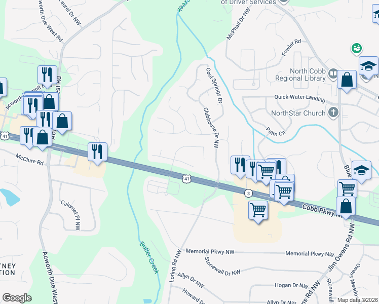 map of restaurants, bars, coffee shops, grocery stores, and more near 214 Park Forest Way Northwest in Kennesaw