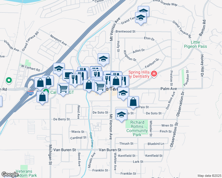 map of restaurants, bars, coffee shops, grocery stores, and more near in Grand Terrace