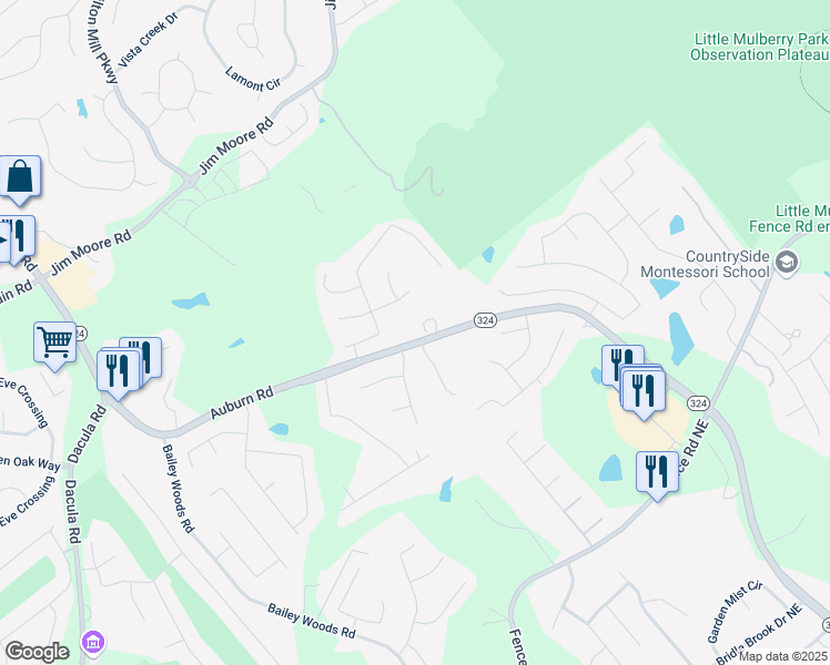 map of restaurants, bars, coffee shops, grocery stores, and more near 972 Auburn Road in Dacula
