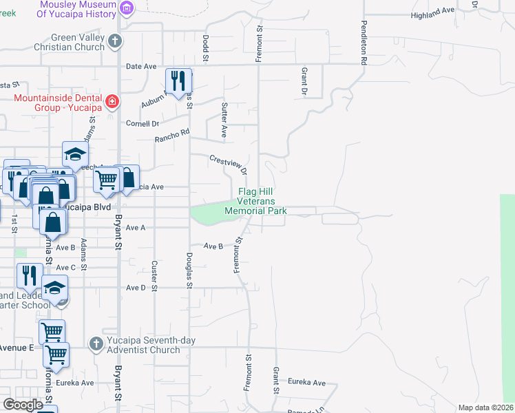 map of restaurants, bars, coffee shops, grocery stores, and more near Grandview Drive in Yucaipa