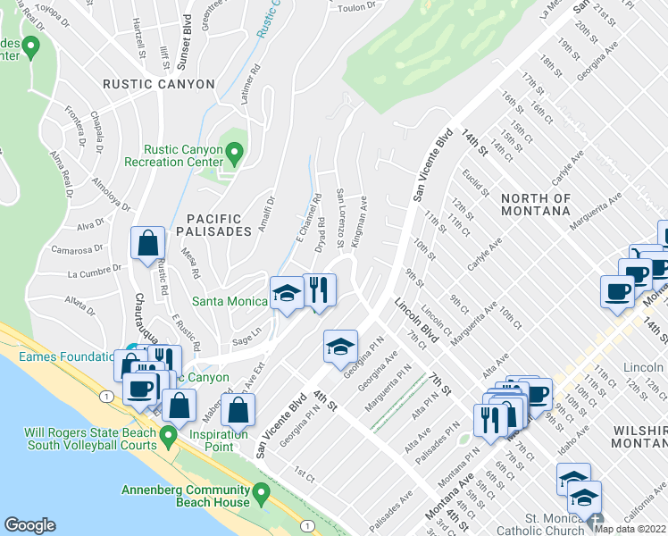 map of restaurants, bars, coffee shops, grocery stores, and more near 574 Stassi Lane in Santa Monica