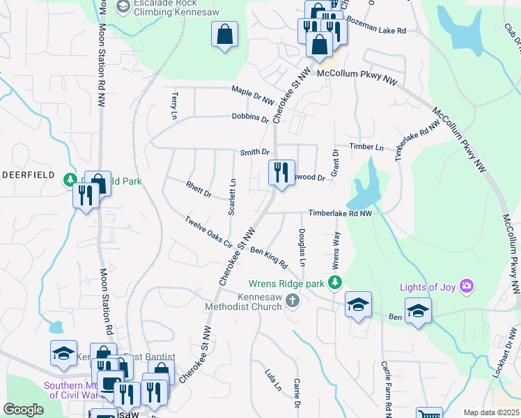 map of restaurants, bars, coffee shops, grocery stores, and more near 3304 Cranston Lane in Kennesaw