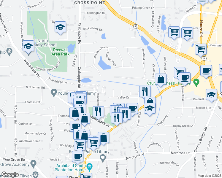 map of restaurants, bars, coffee shops, grocery stores, and more near 1290 Pine Valley Court in Roswell