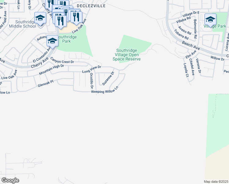 map of restaurants, bars, coffee shops, grocery stores, and more near 14911 Weeping Willow Lane in Fontana