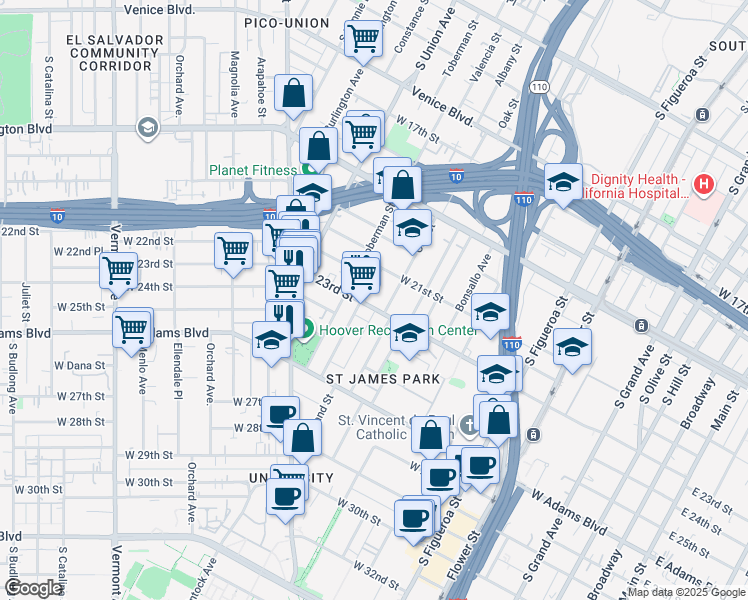 map of restaurants, bars, coffee shops, grocery stores, and more near 929 West 23rd Street in Los Angeles