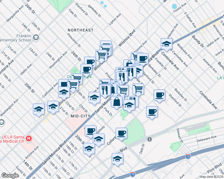 map of restaurants, bars, coffee shops, grocery stores, and more near 1343 26th Street in Santa Monica