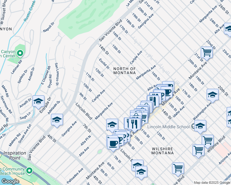 map of restaurants, bars, coffee shops, grocery stores, and more near 438 12th Street in Santa Monica