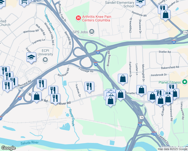 map of restaurants, bars, coffee shops, grocery stores, and more near 421 Zimalcrest Drive in Columbia