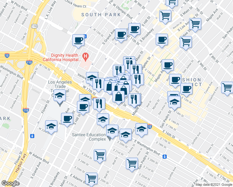 map of restaurants, bars, coffee shops, grocery stores, and more near 1501 South Los Angeles Street in Los Angeles
