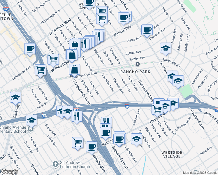map of restaurants, bars, coffee shops, grocery stores, and more near 2629 Military Avenue in Los Angeles