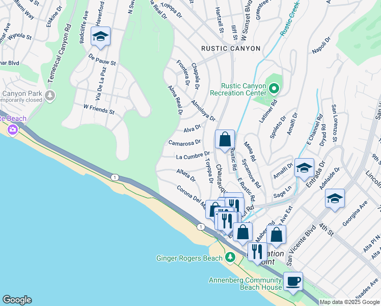 map of restaurants, bars, coffee shops, grocery stores, and more near 14929 La Cumbre Drive in Los Angeles