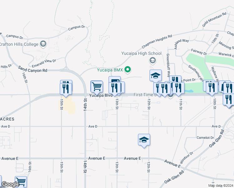 map of restaurants, bars, coffee shops, grocery stores, and more near Yucaipa Boulevard & 13th Street in Yucaipa