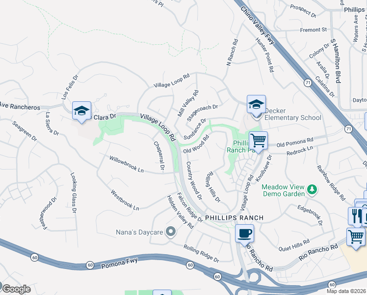 map of restaurants, bars, coffee shops, grocery stores, and more near 3 Old Wood Road in Pomona