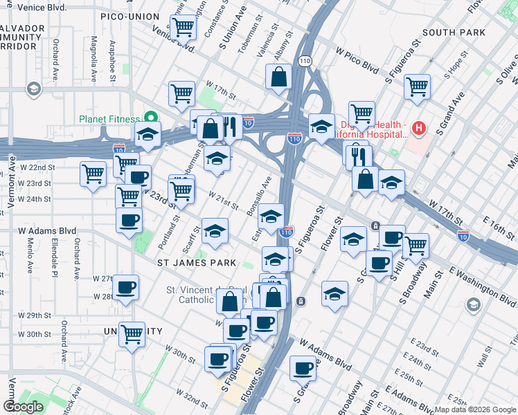 map of restaurants, bars, coffee shops, grocery stores, and more near 514 West 21st Street in Los Angeles