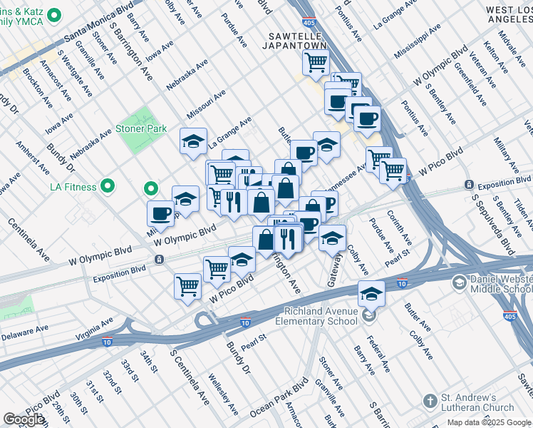 map of restaurants, bars, coffee shops, grocery stores, and more near 2251 Barry Avenue in Los Angeles