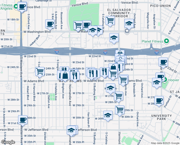 map of restaurants, bars, coffee shops, grocery stores, and more near 2417 South Budlong Avenue in Los Angeles