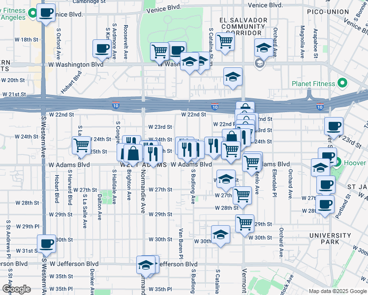 map of restaurants, bars, coffee shops, grocery stores, and more near 2417 South Budlong Avenue in Los Angeles