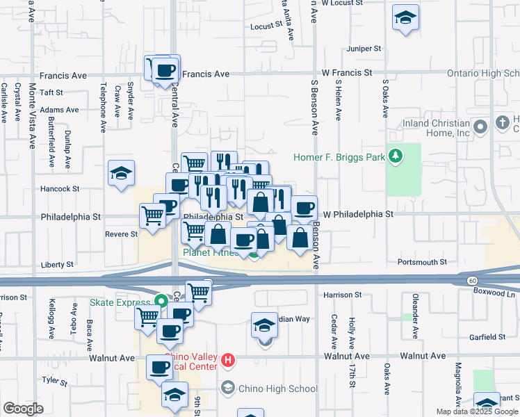 map of restaurants, bars, coffee shops, grocery stores, and more near 5501 Philadelphia Street in Chino
