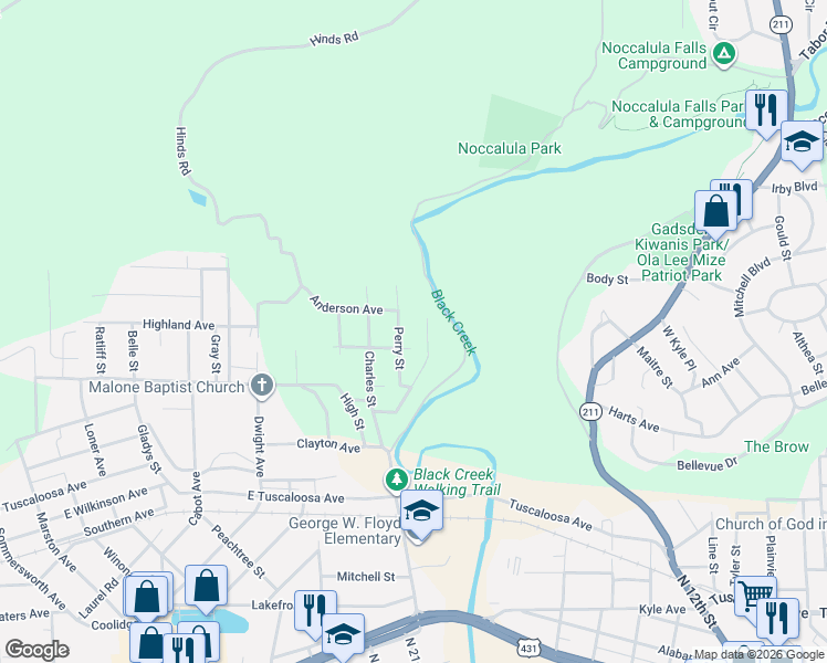 map of restaurants, bars, coffee shops, grocery stores, and more near 1300 Wilson Drive in Gadsden