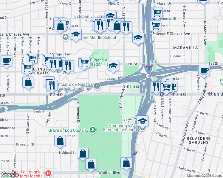 map of restaurants, bars, coffee shops, grocery stores, and more near 4208 East 2nd Street in Los Angeles