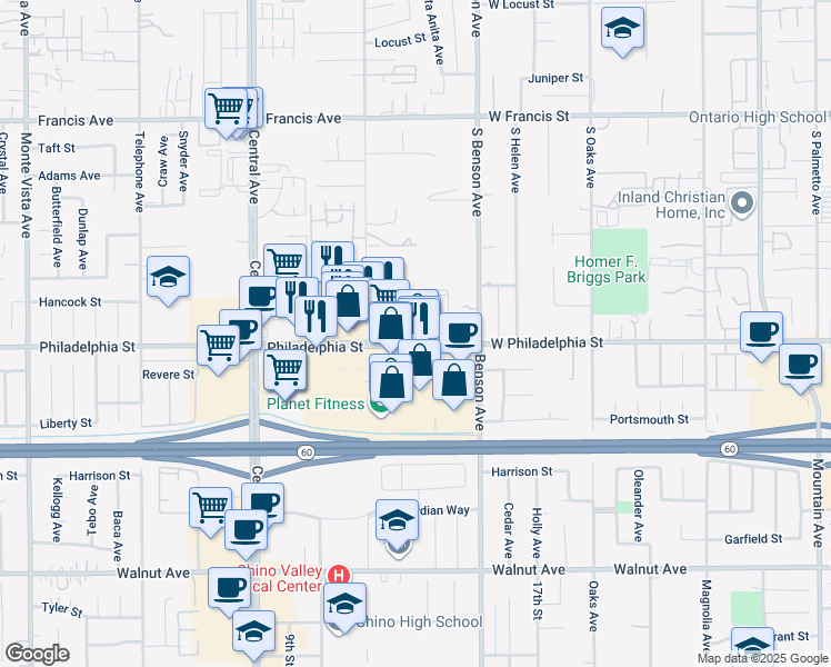 map of restaurants, bars, coffee shops, grocery stores, and more near 5555 Philadelphia Street in Chino