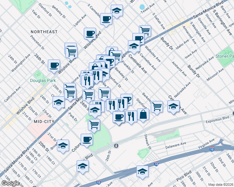 map of restaurants, bars, coffee shops, grocery stores, and more near 1545 Yale Street in Santa Monica
