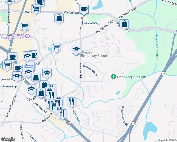 map of restaurants, bars, coffee shops, grocery stores, and more near 710 Singing Hills Court in Roswell