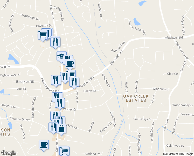 map of restaurants, bars, coffee shops, grocery stores, and more near 3356 Alexis Ct in Marietta