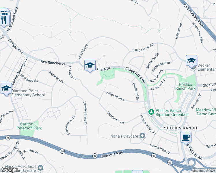 map of restaurants, bars, coffee shops, grocery stores, and more near 45 Willowbrook Lane in Pomona