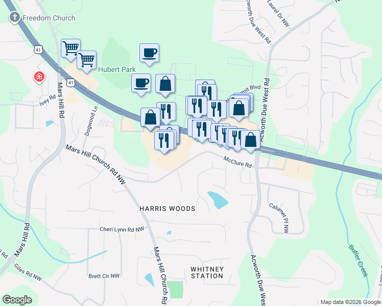 map of restaurants, bars, coffee shops, grocery stores, and more near 4481 Mc Clure Road in Acworth