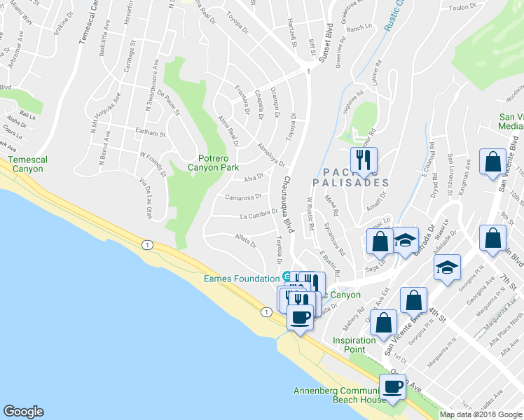 map of restaurants, bars, coffee shops, grocery stores, and more near 14909 La Cumbre Drive in Los Angeles