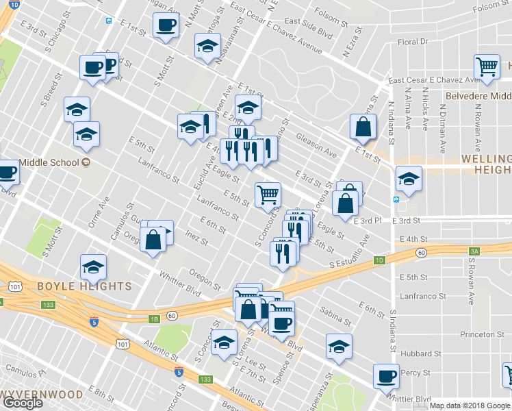 map of restaurants, bars, coffee shops, grocery stores, and more near 3201 East 5th Street in Los Angeles