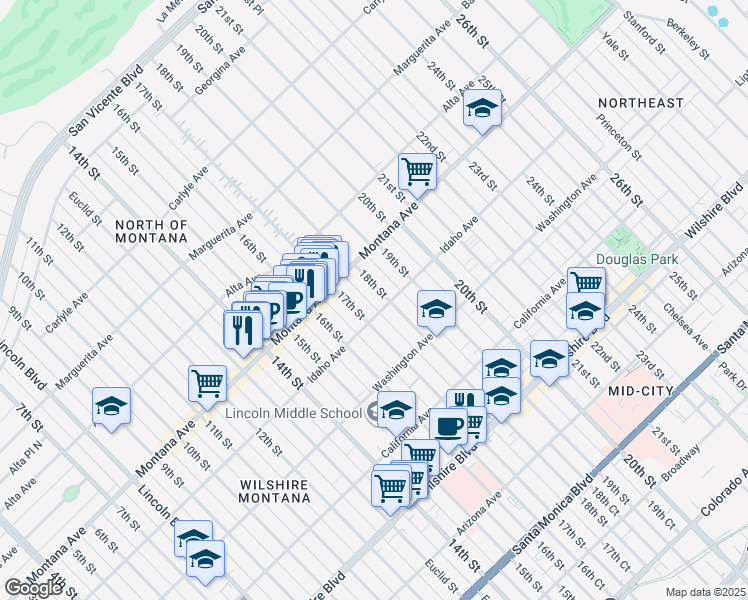 map of restaurants, bars, coffee shops, grocery stores, and more near 853 17th Street in Santa Monica