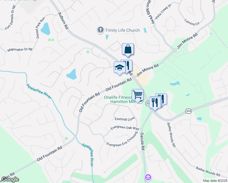 map of restaurants, bars, coffee shops, grocery stores, and more near 2734 Evanston Court in Dacula