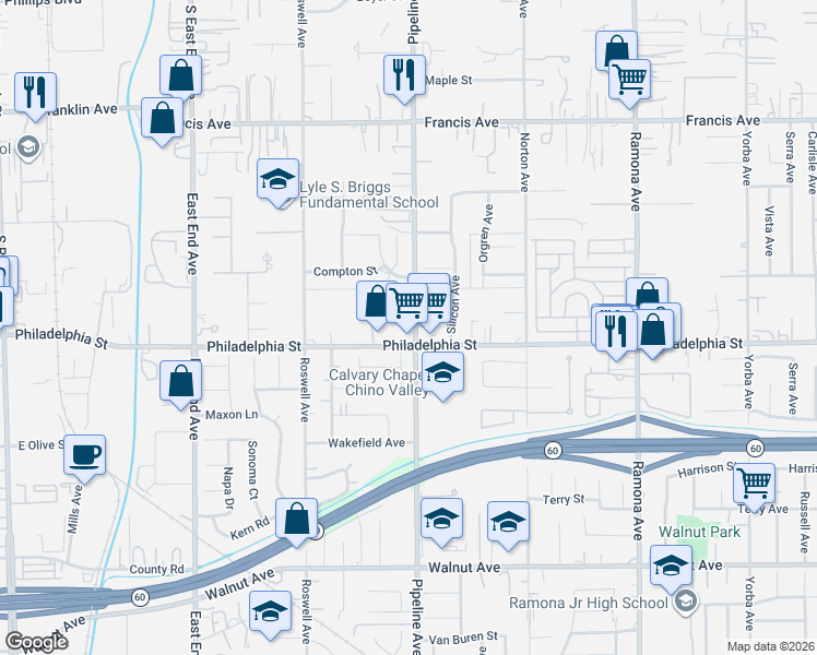 map of restaurants, bars, coffee shops, grocery stores, and more near 12115 Pipeline Avenue in Chino