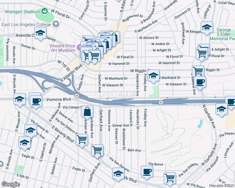 map of restaurants, bars, coffee shops, grocery stores, and more near 615 West Pomona Boulevard in Monterey Park