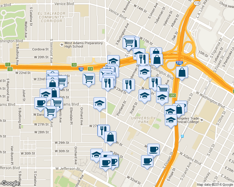 map of restaurants, bars, coffee shops, grocery stores, and more near 1004 West 24th Street in Los Angeles