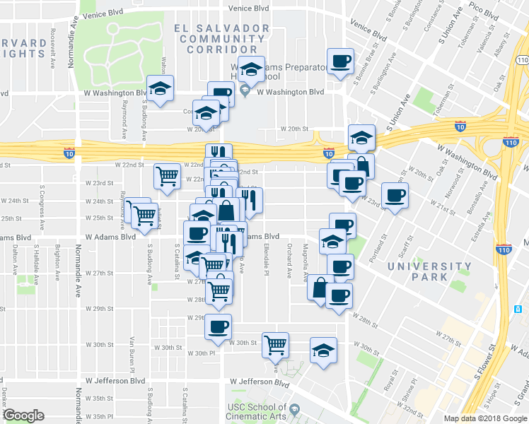 map of restaurants, bars, coffee shops, grocery stores, and more near 1276 West 25th Street in Los Angeles